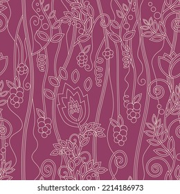 Seamless pattern with abstract various branch and flowers. Outline of plant on burgundy background. Vector illustration for textiles, design.