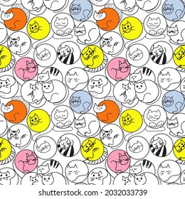 seamless pattern with abstract various cats doodles drawn inside the circles