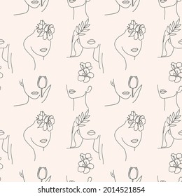 Seamless pattern with abstract various female faces and flowers. Outline of portraits on a beige background. Vector illustration for textiles, design.