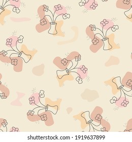 Seamless pattern with abstract vase and flowers in a minimalist style. Linear vector illustration. Flat design.