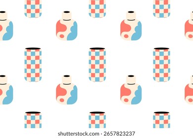 Patrón sin fisuras con jarrones abstractos con bloques de color en rojo, beige y azul sobre fondo blanco