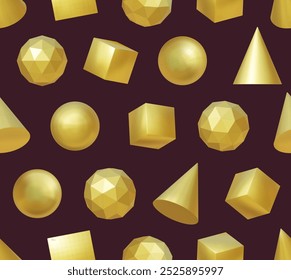 Patrón sin fisuras con Formas 3D de Vector abstracto sobre fondo. Diseño dorado para impresión, textil, papel de embalaje. Figuras geométricas de oro sin patrón, pirámide, esfera, cuadrado, poliedro.