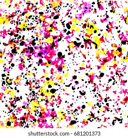 Seamless pattern. Abstract vector background. Splatter texture. Red, black, yellow blots and stains on white backdrop