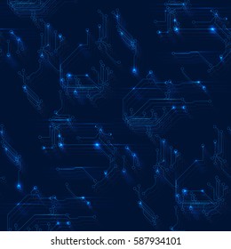 seamless pattern of abstract vector dark blue background with high tech circuit board elements