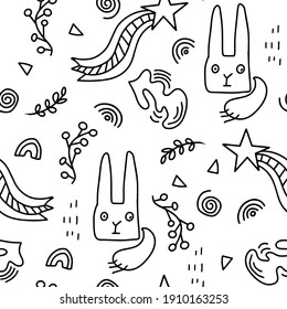 Seamless pattern of abstract vector elements in a simple doodle style. Arrows, letters, shapes, animals and natural elements. For paper, covers, fabric, gift wrapping, wall painting, interior decor.