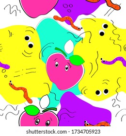 Seamless pattern. Abstract vector illustration. Cartoon apples, worms, eyes in bright pink, yellow, purple colors.