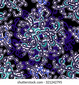 Seamless pattern. Abstract vector pattern of loops stems and tendrils. Hand drawn. Dramatic dark blue, light blue and turquoise accents. Can be used for wallpaper, web page background