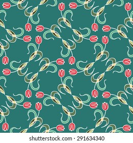 seamless pattern abstract vector with tulips, flowers on green background