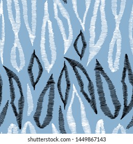 Seamless pattern of abstract vertical black and white details on a blue background. Sketch pattern.