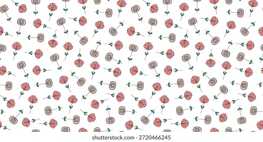 Patrón sin fisuras con flores y hojas abstractas y vibrantes. Dibujos simples de la planta. Ilustración, doodle. Iconos de contorno. Repitiendo el fondo blanco.