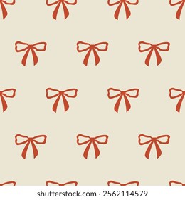 Seamless pattern with abstract vintage red bows. Vector flat background with ribbon bowknots in retro style. Coquette and ballet core. Holiday, christmas, valentines day clipart