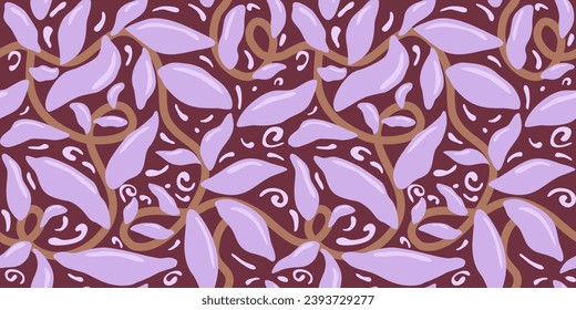 Patrón sin foco con hojas tropicales abstractas violetas, vector
