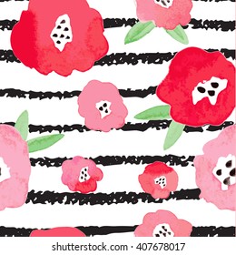 Seamless pattern with abstract watercolor elements. Red flowers on a white background with black stripes. Vector illustration.
