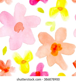 Seamless pattern with abstract watercolor flowers. Pink, yellow and orange flower on a white background.Bright, cheerful, child vector illustration for your design.