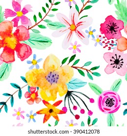 Seamless Pattern With Abstract Watercolor Flowers. Red, Pink, Yellow And Orange Flowers On A White Background. Bright, Beautiful Vector Illustration For Your Design.
