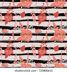 Seamless pattern with abstract watercolor flowers and leaves on stripes in grungy style