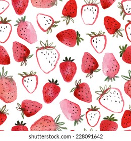 Seamless pattern of abstract watercolor hand drawn beautiful strawberries on white background - vector illustration