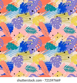 Seamless pattern with abstract watercolor stains, tropical leaves, paint brushes freehand strokes