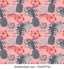 Seamless pattern with abstract watercolor stains, flowers, pineapples, paint brushes freehand strokes