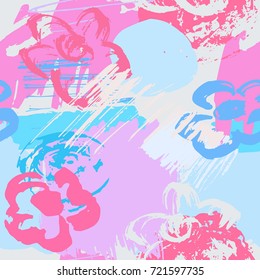 Seamless pattern with abstract watercolor stains, flowers, paint brushes freehand strokes