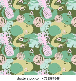 Seamless pattern with abstract watercolor stains, pineapples, paint brushes freehand strokes