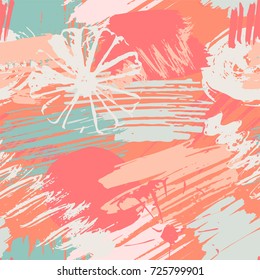 Seamless pattern with abstract watercolor stains, flowers, paint brushes freehand strokes