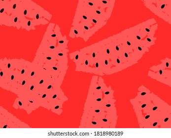 Seamless pattern of abstract watermelon texture and black seeds red background vector illustration.