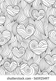 Seamless pattern with abstract waves and hearts. Zentangle inspired style. Coloring book (page) for adults and older children. Art vector illustration
