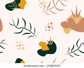 Seamless pattern with abstract wavy forms, leaves and dots with yellow, green and brown colors. Vector illustration in flat style for textile, art paper, background, print, table cloth, wallpaper.