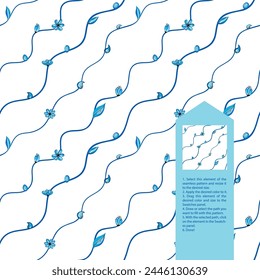 Nahtloses Muster aus abstrakten Wellenlinien und blauen einfachen Fantasy-Blumen