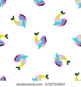 Padrão contínuo de baleias abstratas com cores vibrantes da arte pop no fundo branco. Moderna ilustração artística do vetor da baleia