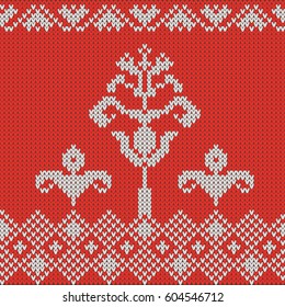 Seamless pattern with abstract white flowers on a red background, knitting. The wool knitted texture. Vector Illustration.
