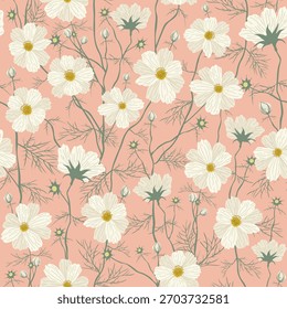 Seamless Pattern With Abstract white hand drawn Chamomile Flowers. Botanical modern background with space for printing, paper, covers, invitations, postcards