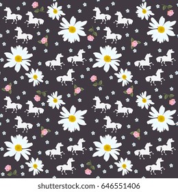 Seamless pattern with abstract white horses and little roses, daisies and forget me not flowers.