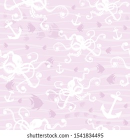 Seamless pattern. Abstract white octopus and fish design on light pink background. Vector creative illustration.