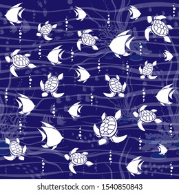 Seamless pattern. Abstract white seaweeds, turtle and fish design on blue background. Vector creative illustration.