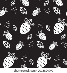 Seamless pattern. Abstract white strawberries with leaves on black background for tektil designs, cards, wrapping paper. Vector illustration.