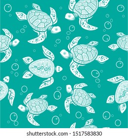 Seamless pattern. Abstract white turtle and bubbles on menthol background. Vector creative illustration.