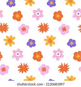 Seamless Pattern Of Abstract Wild Flowers. Flat Simple Vintage Colorful Vector Illustration For Spring Backgroud.