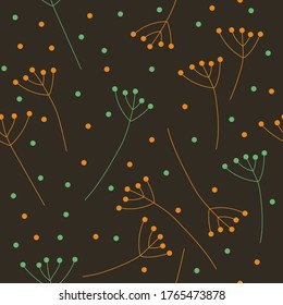 Seamless pattern with abstract wildflowers and dots on a dark background. Vector floral illustration in luxury style. Hand drawn vector illustration.