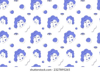 Patrón sin soldadura con la cara abstracta de la mujer, ojos, manchas azules, líneas onduladas sobre fondo blanco, dibujo manual editable