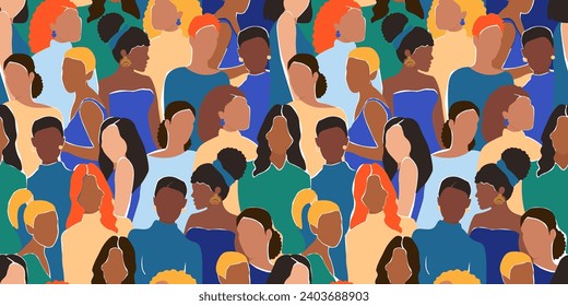 Seamless pattern with abstract women of different races, skin color, hair. Girls are a force together. Vector graphics.