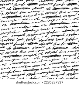 Seamless pattern with abstract writing and strikethroughs. Handwritten vector unreadable words. Monochrome script background. Poetic work written by a pen. Cursive small lettering.