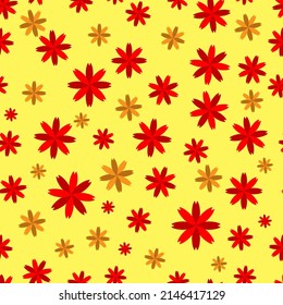 Seamless pattern abstract yellow background of geometric red flower scattered not arranged, random pattern.