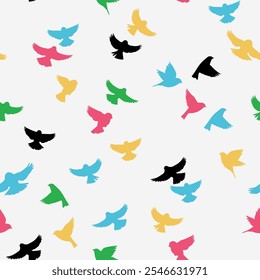 Seamless pattern with abstract yellow, blue, red, and black flying bird flock silhouette. Cute background for Bird Day, 4 may or Easter. Wrapping or fabric design. Vector stock illustration.