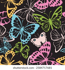 Seamless pattern with abstract yellow, blue, red, and green flying butterfly flock silhouette. Cute background for Spring or Summer holiday. Wrapping or fabric design. Vector stock illustration.