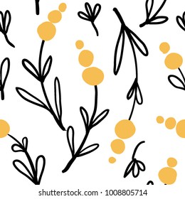 Seamless pattern with abstract yellow flowers and leaves. Modern and original textile, wrapping paper, wall art design.Vector illustration