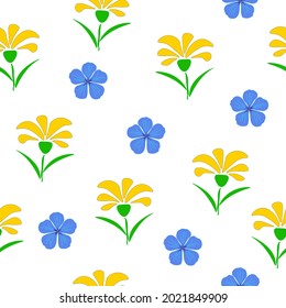 Seamless pattern abstract yellow flowers and violet geranium isolated on white background. colorful girls floral print. purple wildflowers repeating ornament. Suitable for fabric, paper, wallpape
