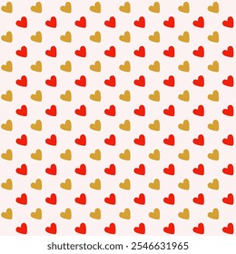 Seamless pattern with abstract yellow gold and red heart silhouette. Cute background for Valentine's Day or wedding. Wrapping or fabric design. Vector stock illustration.