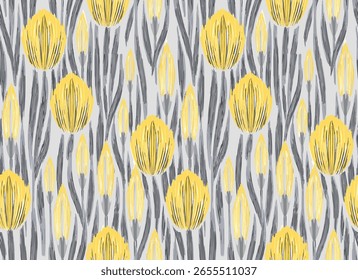 Patrón Sin Costuras Con Formas Amarillas Abstractas Que Se Asemejan A Las Hojas De Tulipanes Sobre Un Fondo Gris Texturizado, Ideal Para Textiles O Decoración.